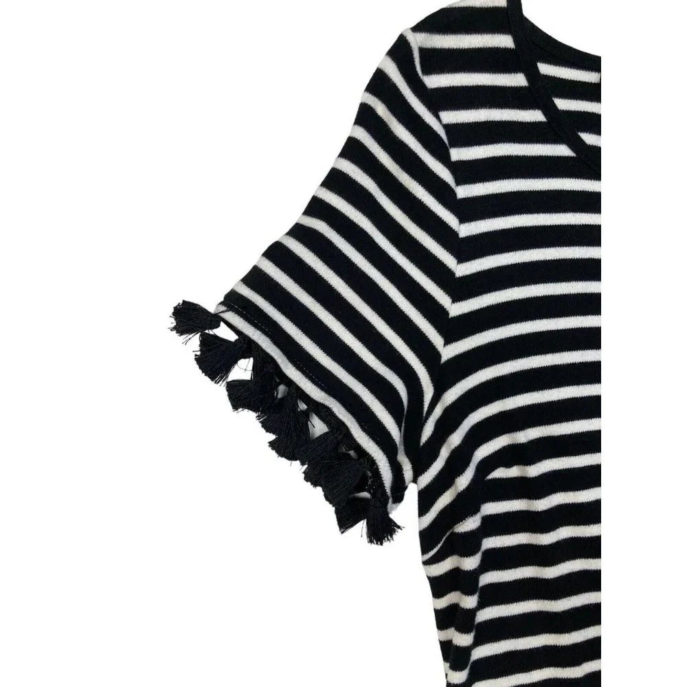 *Talbots Striped Tassle Short Sleeve Dress Womens Med Black White Tie Keyhole